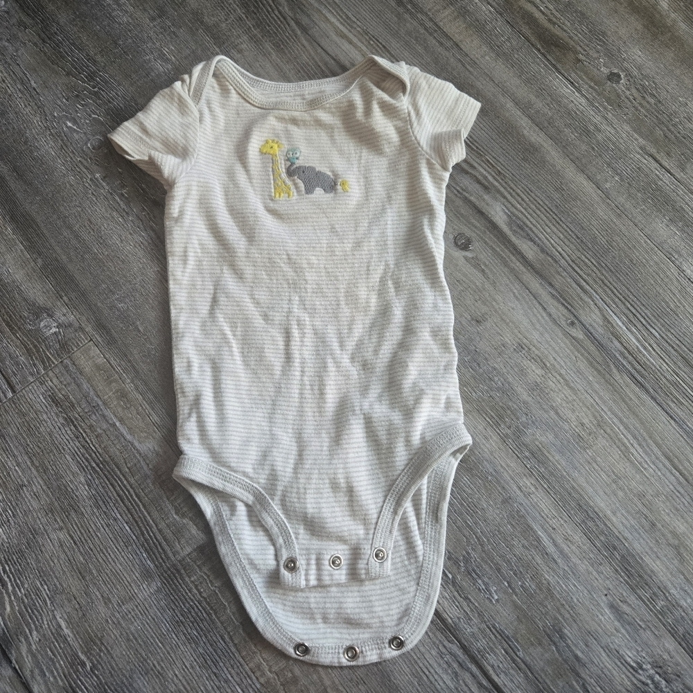 9M Boys Striped Cream Baby Onesie with Animal Print